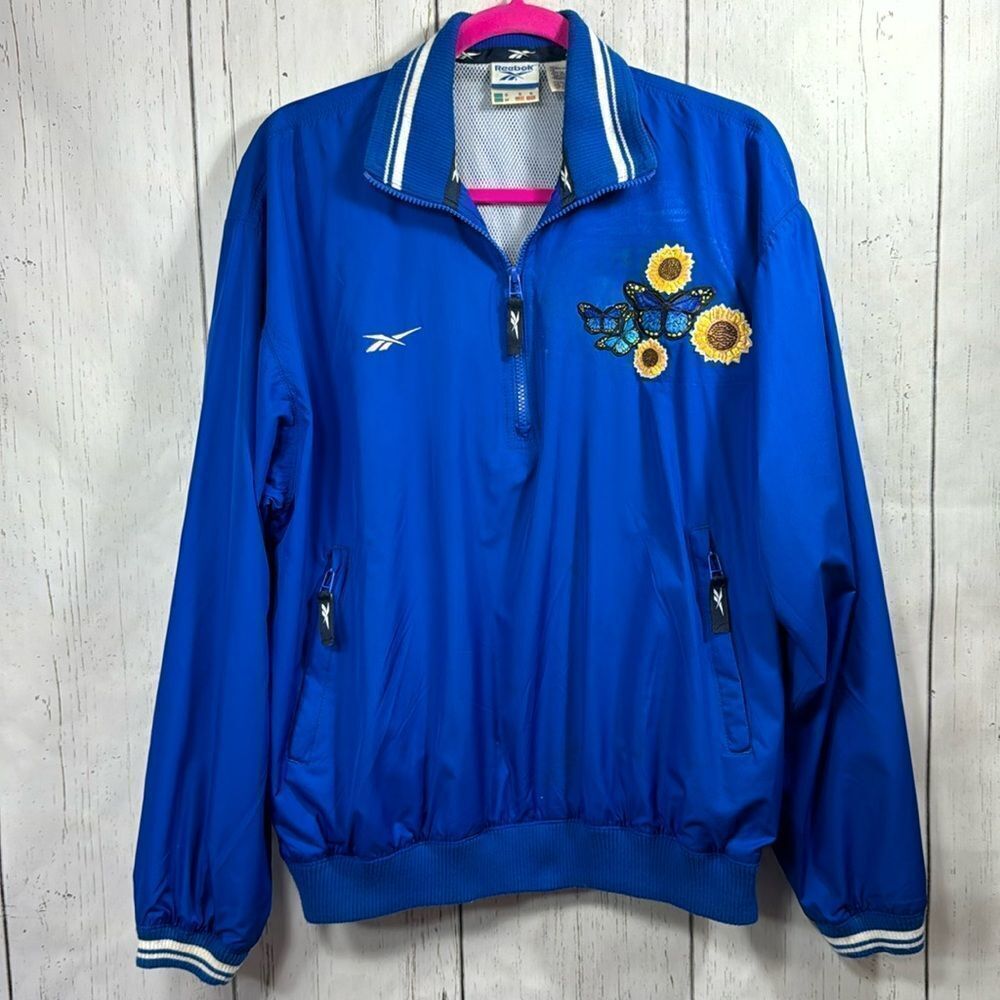 Reebok Vintage Windbreaker Pullover Varsity Quarter Zip Blue Embroidered Jacket